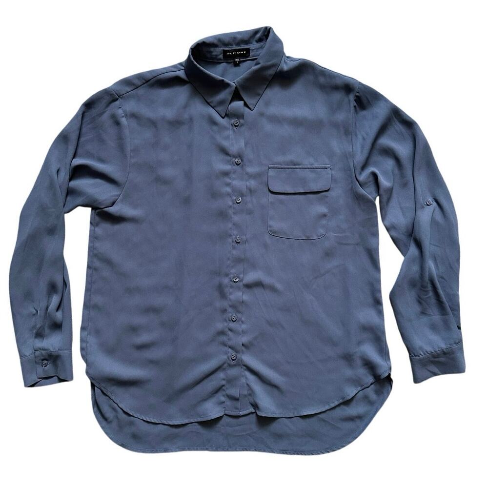 Pleione Button Front Blouse Small Blue Gray Roll Tab Sleeve Pocket Top Workwear